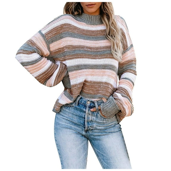 Fesfesfes Women Sweaters Casual Long Sleeve Color Block Stripe Knit Sweater Lightweight Pullover or