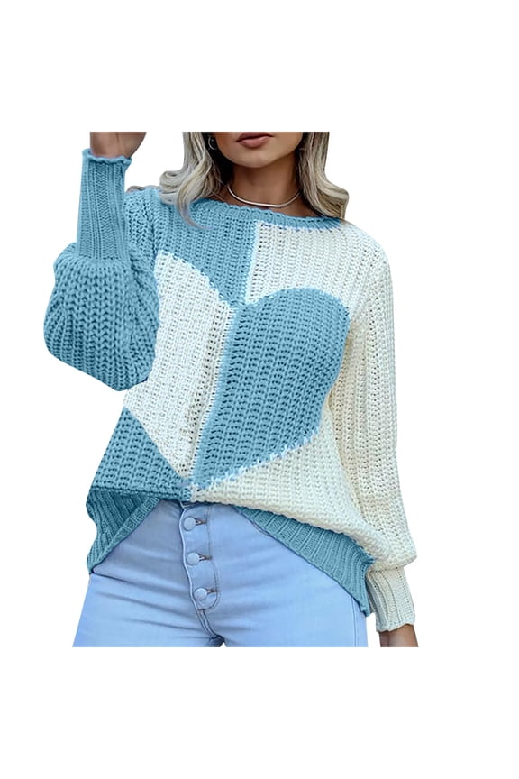 Women Sweaters Casual Long Sleeve Loose O-Neck Heart Pattern Sweater Pullover Tops on