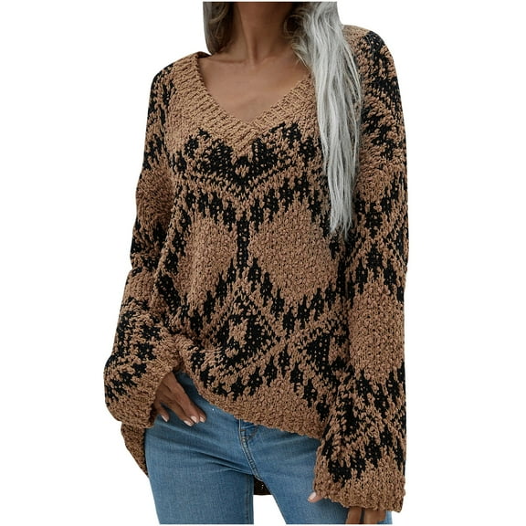 Fesfesfes Women Sweaters Casual Long Sleeve Loose V-neck Rhombus Pattern Sweater Pullover