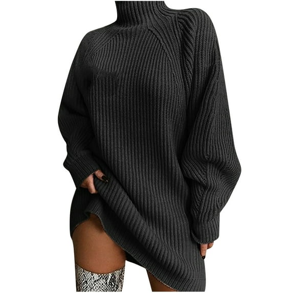 Fesfesfes Women Sweaters Casual Long Sleeve Solid Color Knitting Loose Turtleneck Sweater Tops on