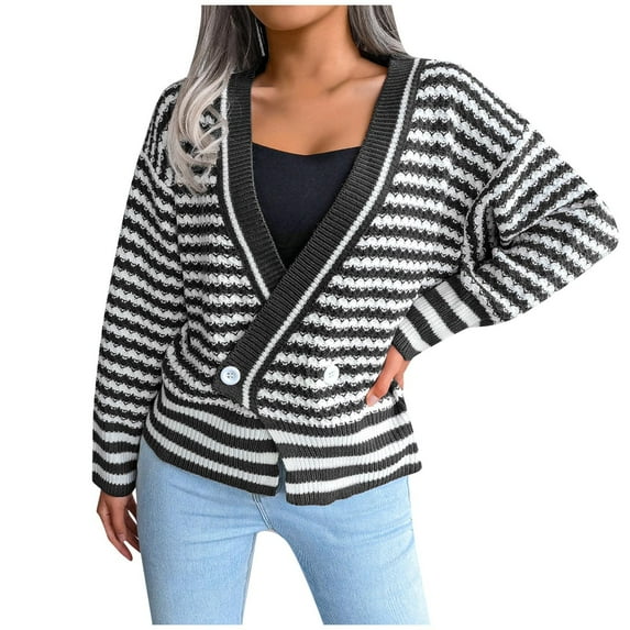 Fesfesfes Women Sweaters Casual Loose Stripe Splicing Sweater V-neck Knitted Sweater or
