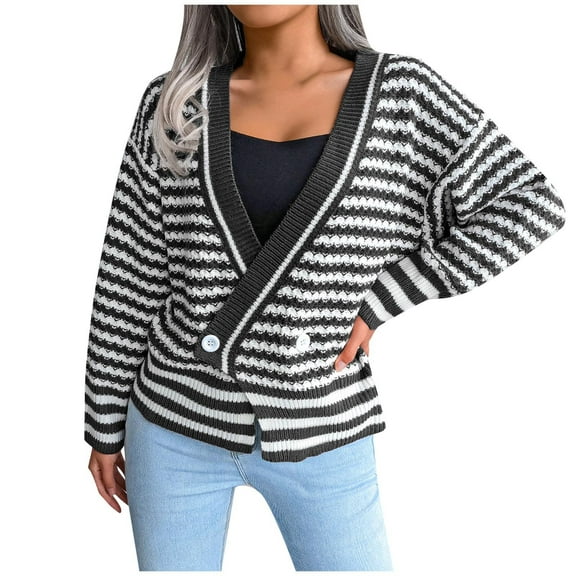 Fesfesfes Women Sweaters Casual Loose Stripe Splicing Sweater V-neck Knitted Sweater or