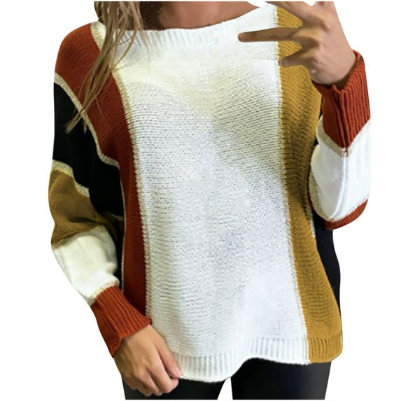 Fesfesfes Women Sweaters Casual Patchwork Solid Color Line O-Neck Long Sleeve Sweater Tops Blouse or