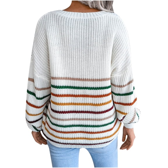 Fesfesfes Women Sweaters Casual Rainbow Stripes Casual Loose Long Sleeve Sweater Clothes Sale