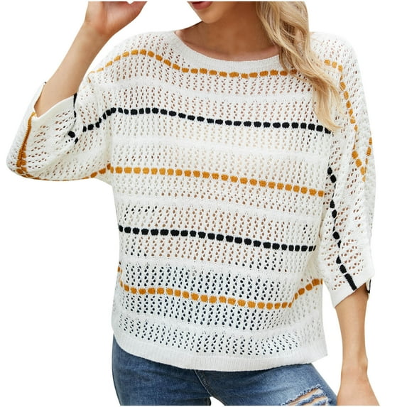 Fesfesfes Women Sweaters Casual V-Neck Striped Long Sleeve Tops Blouse