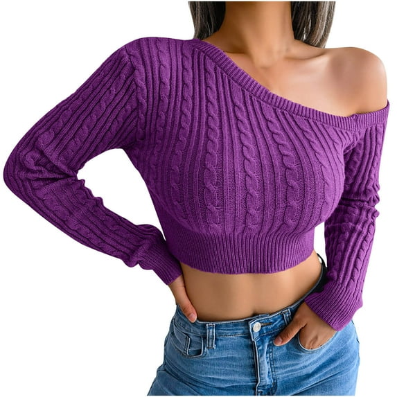 Fesfesfes Women Sweaters Casual Solid Color Long Sleeve Off Shoulder Knit Sweater Sweater Plus Size $10