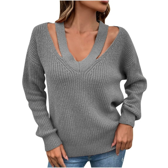Fesfesfes Women Sweaters Casual Solid Color Pullover Long Sleeve V-Neck Sweater Plus Size $10
