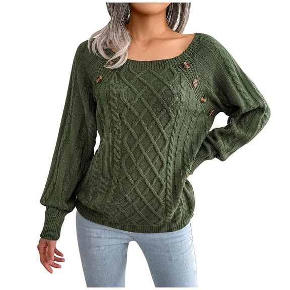 Fesfesfes Women Sweaters Casual Solid Long Sleeve Loose Round Neck Sweater Pullver Button Blouse Fall Tops Plus Size $10