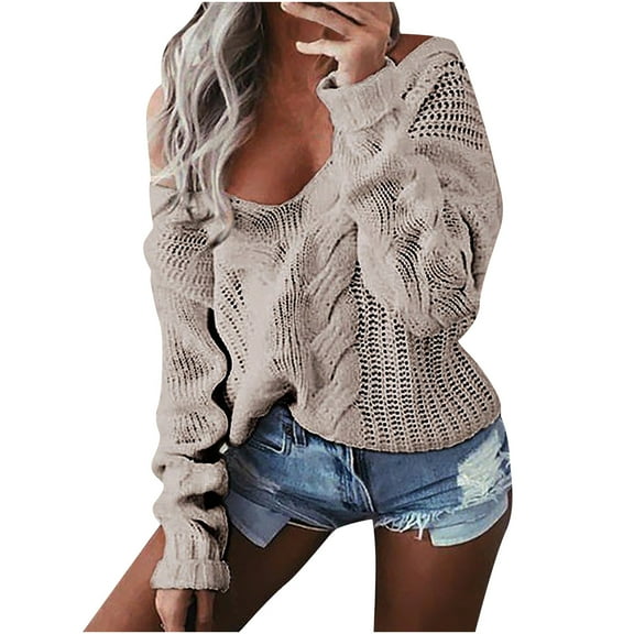 Fesfesfes Women Sweaters Casual Solid Off Shoulder Pullover V-Neck Blouse Long Sleeve Tops Sweater