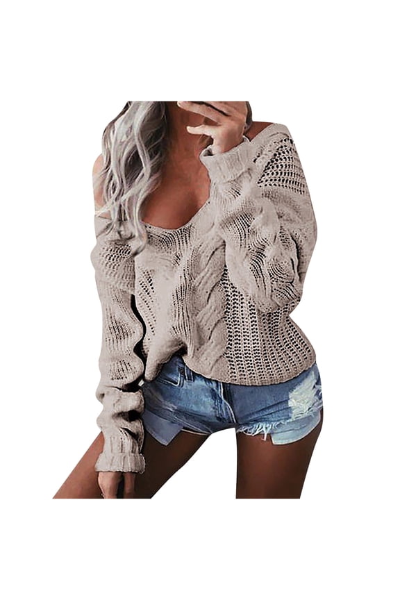 Women Sweaters Casual Solid Off Shoulder Pullover V-Neck Blouse Long Sleeve Tops Sweater Plus Size $10