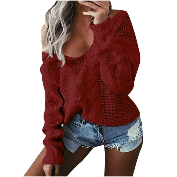 Fesfesfes Women Sweaters Casual Solid Off Shoulder Pullover V-Neck Blouse Long Sleeve Tops Sweater Tops on