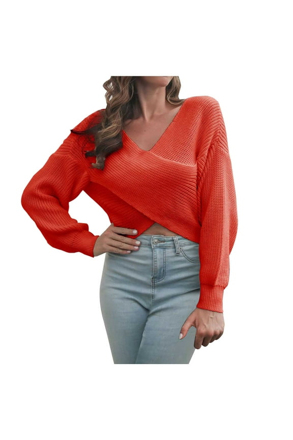 Women Sweaters Cropped Top Casual V-Neck Loose Solid Long Sleeve Navel Tops Women Sweaters Blouse