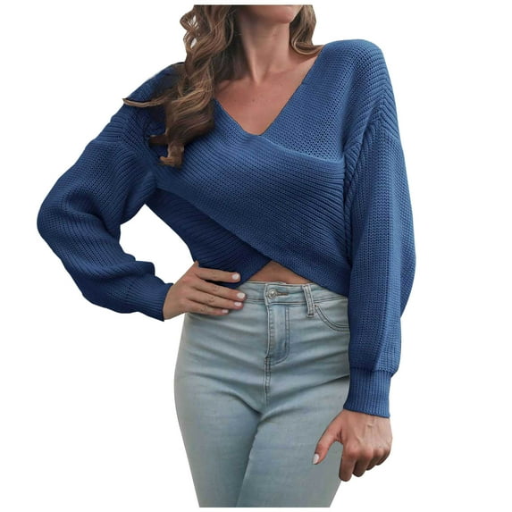 Fesfesfes Women Sweaters Cropped Top Casual V-Neck Loose Solid Long Sleeve Navel Tops Women Sweaters Blouse Tops on