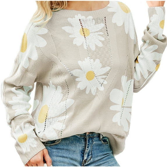 Fesfesfes Women Sweaters Daisy Printed Long Casual Pullover Loose Long Sleeve Sweater Plus Size $10