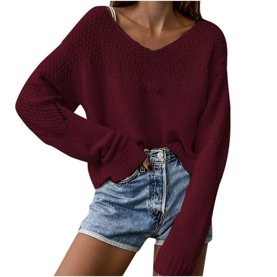 Fesfesfes Women Sweaters Hedging V-Neck Loose Solid Color Temperament Long Sleeve Strapless Knitting Tops Sweater or