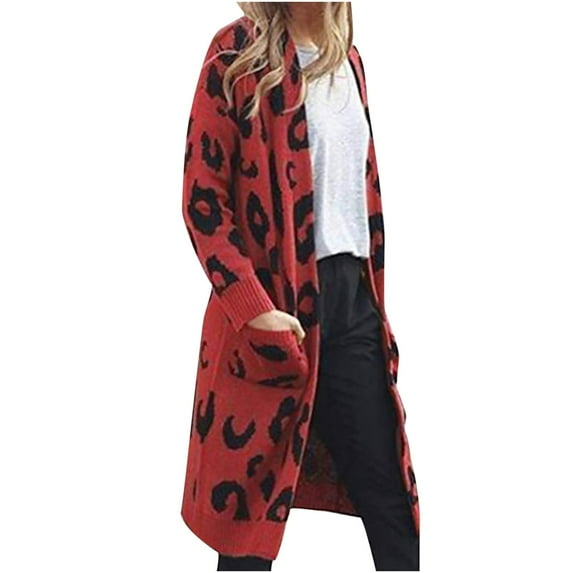 Fesfesfes Women Sweaters Long Sleeve Long Cardigan Leopard Printed Robe Tops Ladies Coats Blouse Tops with Pocket Under $10