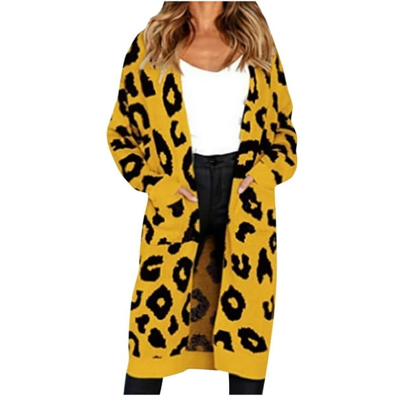 Fesfesfes Women Sweaters Long Sleeve Long Cardigan Leopard Printed Robe Tops Ladies Coats Blouse Tops with Pocket
