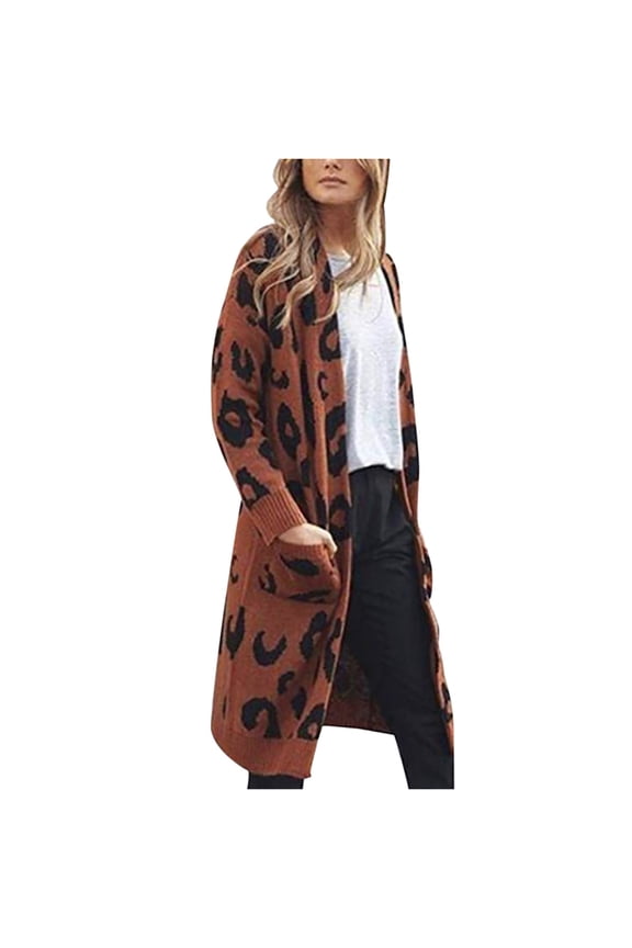 Women Sweaters Long Sleeve Long Cardigan Leopard Printed Robe Tops Ladies Coats Blouse Tops with Pocket Clothes Sale