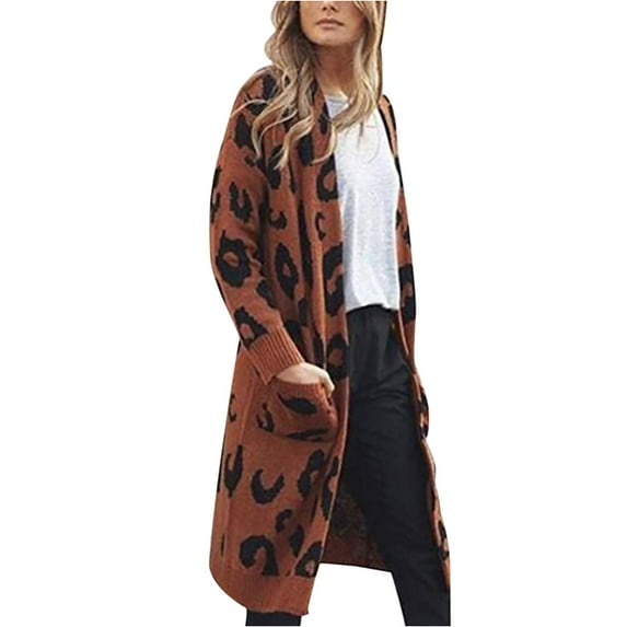 Fesfesfes Women Sweaters Long Sleeve Long Cardigan Leopard Printed Robe Tops Ladies Coats Blouse Tops with Pocket Clothes Sale