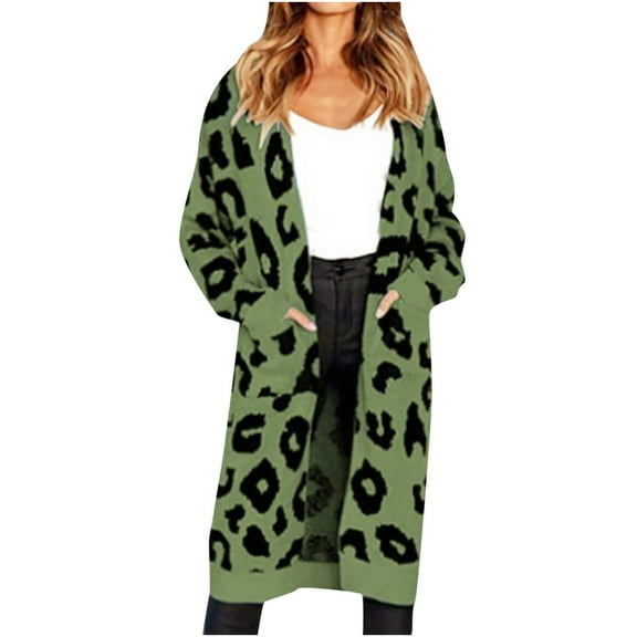 Fesfesfes Women Sweaters Long Sleeve Long Cardigan Leopard Printed Robe Tops Ladies Coats Blouse Tops with Pocket Tops on
