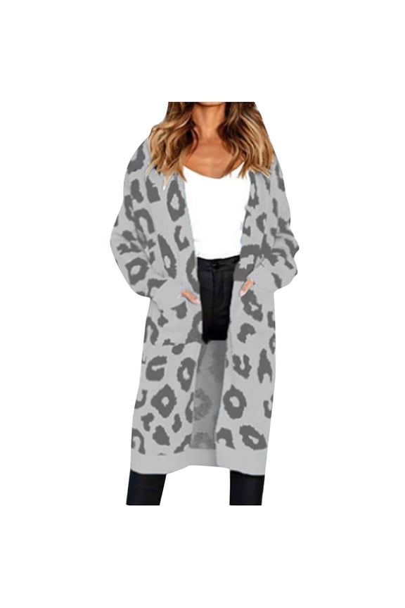Women Sweaters Long Sleeve Long Cardigan Leopard Printed Robe Tops Ladies Coats Blouse Tops with Pocket or