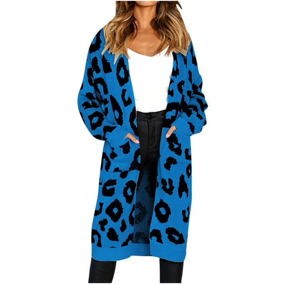 Fesfesfes Women Sweaters Long Sleeve Long Cardigan Leopard Printed Robe Tops Ladies Coats Blouse Tops with Pocket or