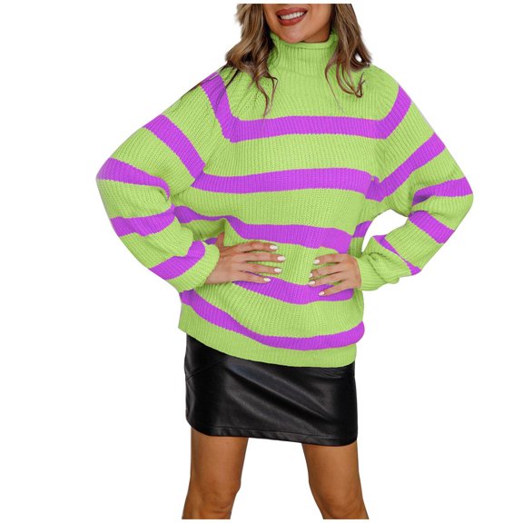 Fesfesfes Women Sweaters Long Sleeved Stripe Color Matching Sweater Casual Pullover Sweater Tops on