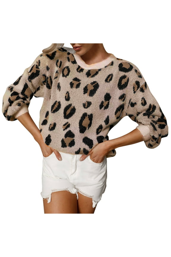 Women Sweaters Long Sleeved V-Neck Leopard Print Casual Pullover Sweater