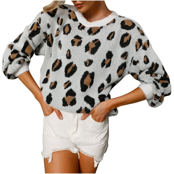 Fesfesfes Women Sweaters Long Sleeved V-Neck Leopard Print Casual Pullover Sweater Tops on