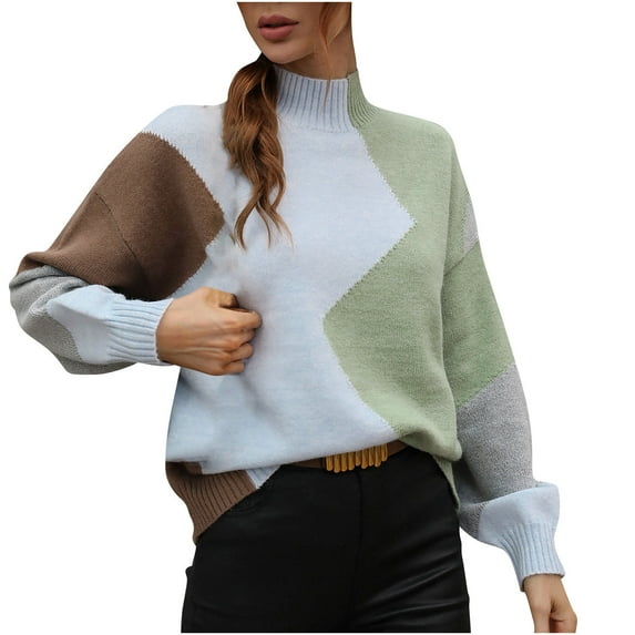 Fesfesfes Women Sweaters Long Sleeves Round Neck Color Matching Loose Tops Blouse Knitted Sweater Tops on