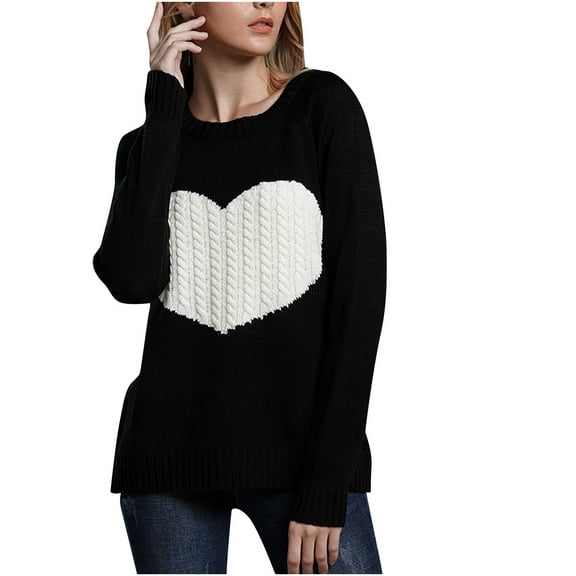 Fesfesfes Women Sweaters Love Long Sleeves Round Neck Loose Tops Blouse Knitted Sweater Clothes Sale