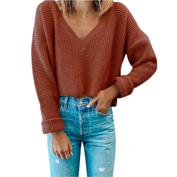 Fesfesfes Women Sweaters Solid Color Casual Long-Sleeved V-neck Pullover Sweater Plus Size $10