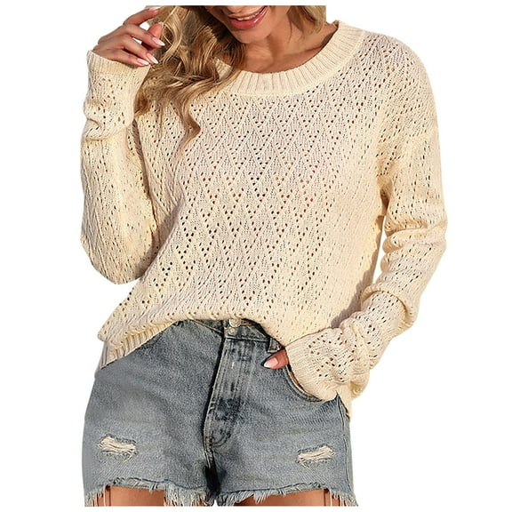 Fesfesfes Women Sweaters Solid Color Long Sleeve Pullove Round-Neck Casual Sweater Tops