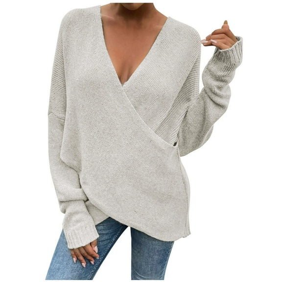 Fesfesfes Women Sweaters Solid Color Long Sleeve Pullove V-Neck Warp Sweater Tops Clothes Sale