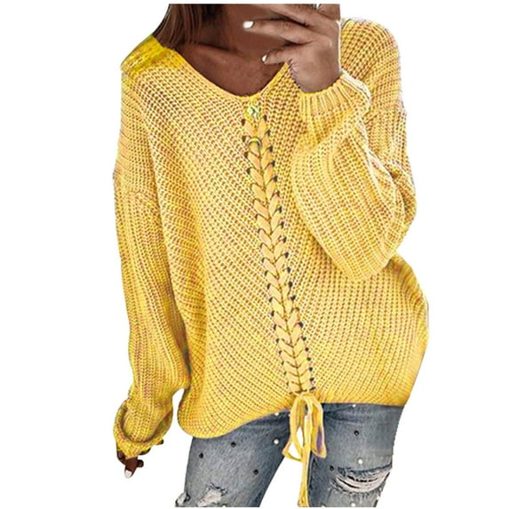 Fesfesfes Women Sweaters Solid Color Long Sleeve Sweater Casual Loose V-Neck Knitting Sweater Plus Size Clearance $10