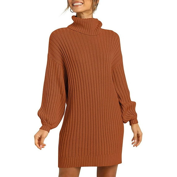 Fesfesfes Women Sweaters Solid Color Long Sleeve Sweater Dress Turtleneck Sweater Pullover Robe Dress Clearance Under $10