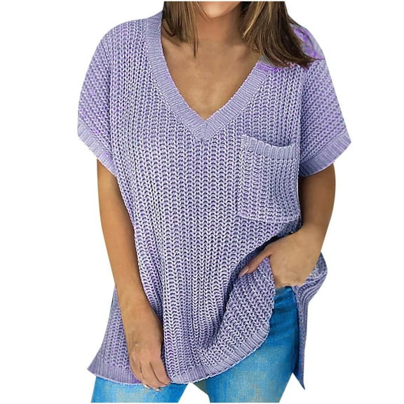 Fesfesfes Women Sweaters Solid Color Short Sleeve Pullove V-Neck Casual Sweater Tops Plus Size $10