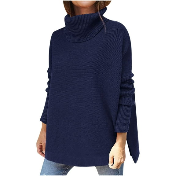Fesfesfes Women Sweaters Solid Winter Turtleneck Sweater Bat Sleeve Hem Pullover Knitted Sweater Tops Plus Size $10