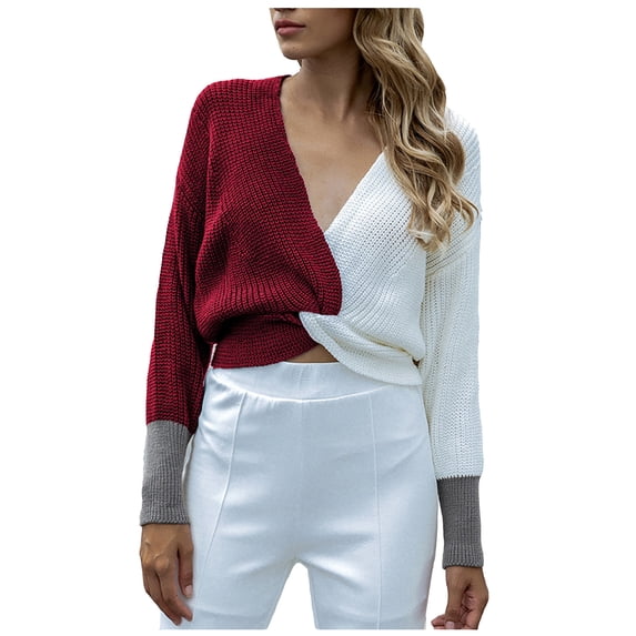 Fesfesfes Women Sweaters Summer Casual Loose Full-Sleeve Fashion Color Kink V Neck Blouse Plus Size $10
