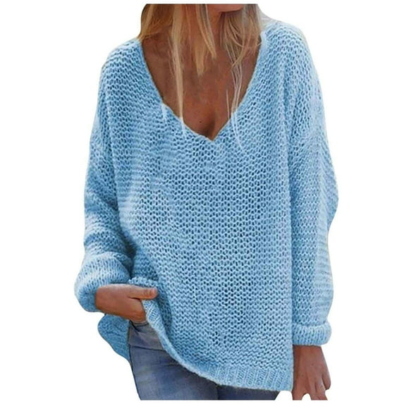 Fesfesfes Women Sweaters V-neck Loose Pullover Tops Casual Loose Solid Color Long Sleeves Sweater Tops Under $10