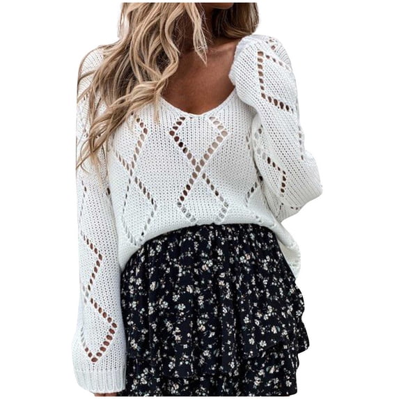 Fesfesfes Women Sweaters V-neck Solid Color Hollowing Out Long Sleeves Sweater Tops Plus Size $10