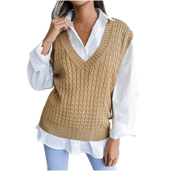 Fesfesfes Women Sweaters Vest Casual V-Neck Knitted Vest Ladies Solid Color Sweater Vest