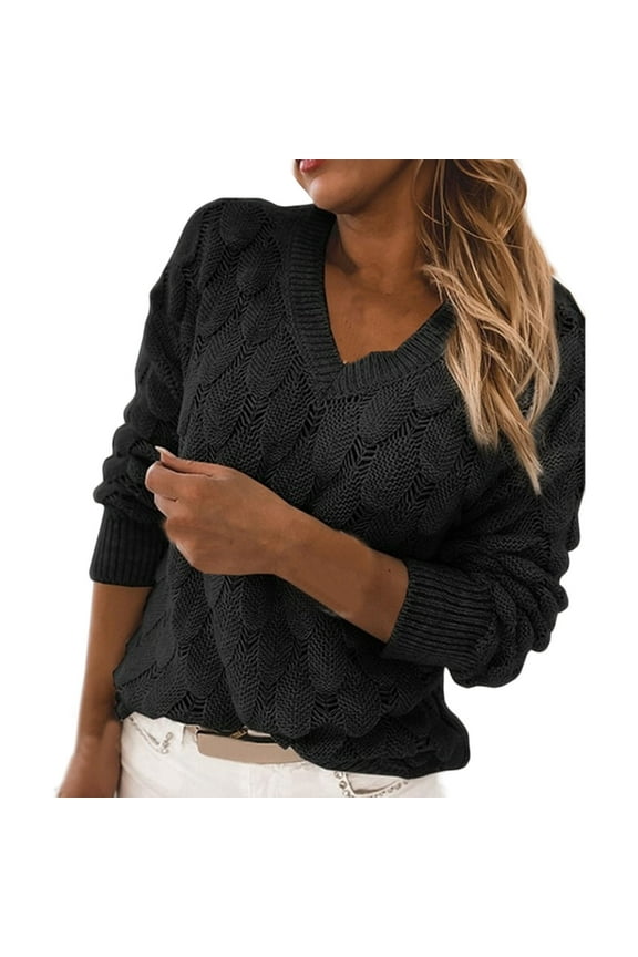 Women Sweaters v-Neck Feather Shape Long Sleeve Tops Blouse Sweater Tops on