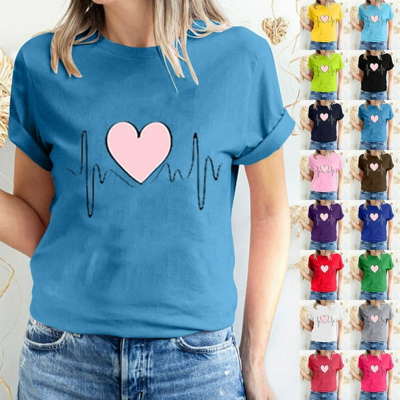 Fesfesfes Women T Shirt Women's Valentine's Day Love Printed Short Sleeved T-shirt Top Short Sleeved Round Neck Top/Shirt Raglan Shirt Women XL(US:10)