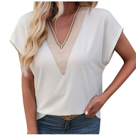 Fesfesfes Women T Shirt Womens Fashion Casual Spring Summer Short Sleeve V-Neck Blouses & Dressy Evening Tops for Women L(US:8)