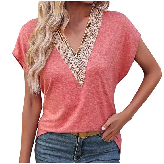 Fesfesfes Women T Shirt Womens Fashion Casual Spring Summer Short Sleeve V-Neck Blouses & Dressy Evening Tops for Women XS(US:2)