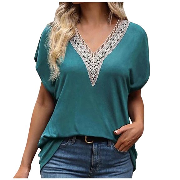 Fesfesfes Women T Shirt Womens Fashion Casual Spring Summer Short Sleeve V-Neck Blouses & Dressy Evening Tops for Women XS(US:2)