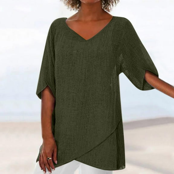 Fesfesfes Women Tees Fashion Women Casual Short Sleeve V-Neck Cotton Solid Irregular Tops Blouse T Womens 3XL(US:14)