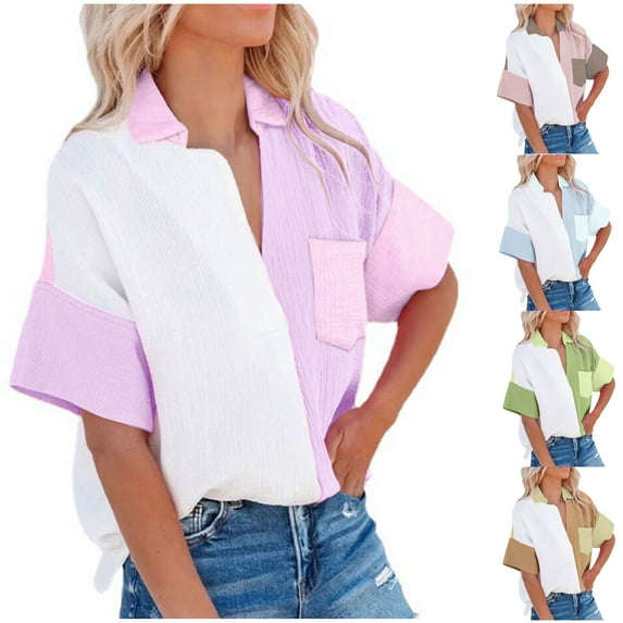 Fesfesfes Women Tops Fashion Women Causal Button Patchwork Blouse Short Sleeve T-Shirt Summer Tops Short Sleeve Shirt 8(L)
