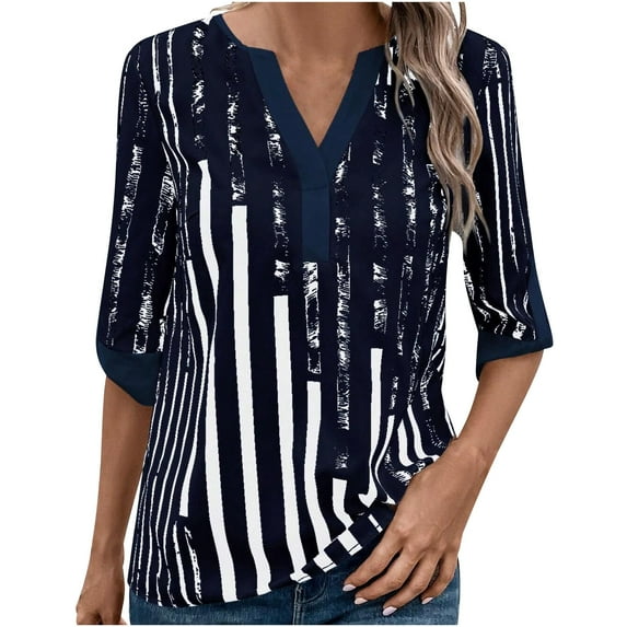 Fesfesfes Women Tops Ladies Casual Summer New Dual-patch Collision Color Elbow Length Sleeve Shirt Women Tops Short-sleeved V-neck Tops / Shirts Gym Tops XL(US:10)